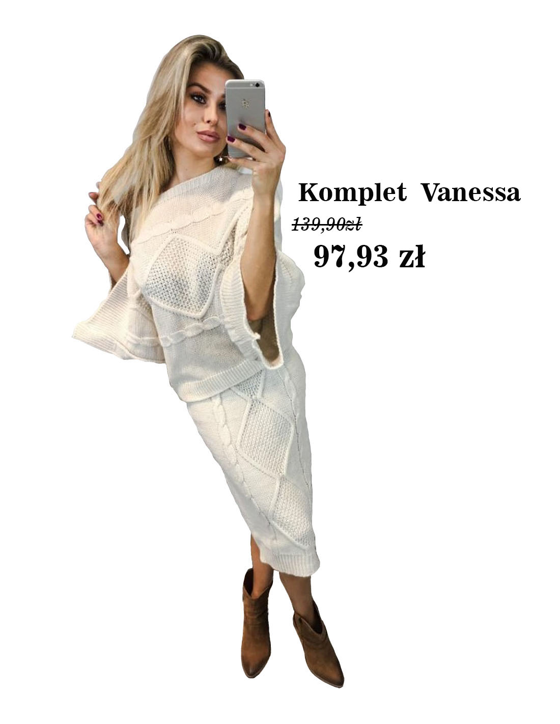 winter sale wyprzedaż sezonowa komplet spódnica sweter beżowa 30%
